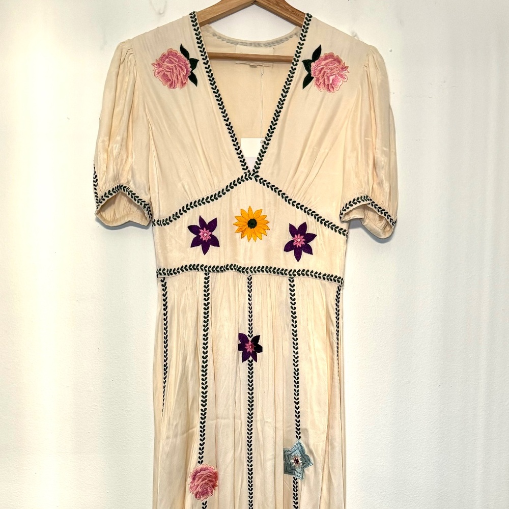 Bohemian Satin Embroidered Midi Dress